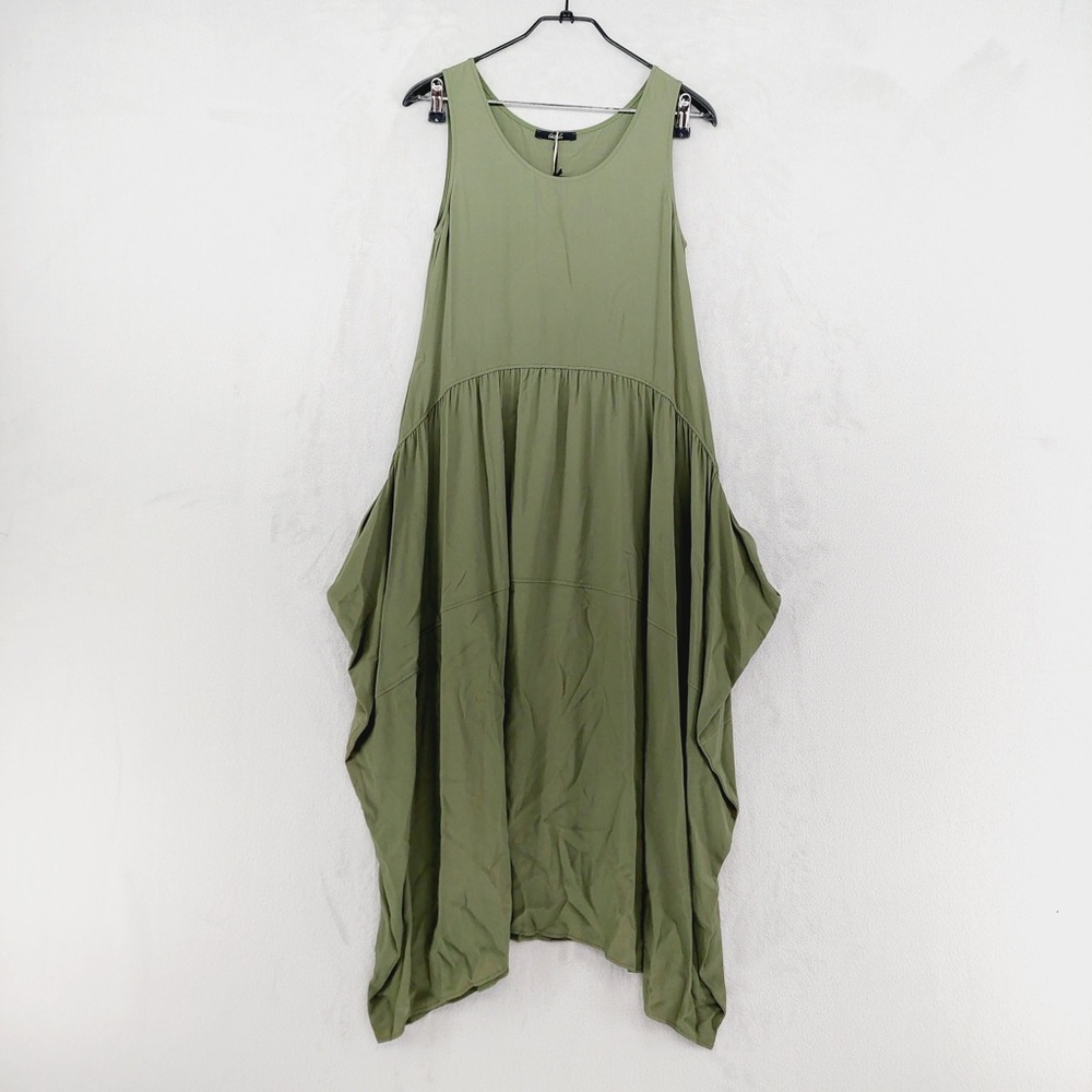 NEW Carla G Olive Green Silk Blend Asymmetrical Draped Sleeveless Dress 435